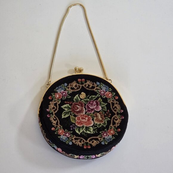 Vintage Floral Petit Point Purse Round Needlepoint Tapestry Evening Bag Clutch - Picture 6 of 16